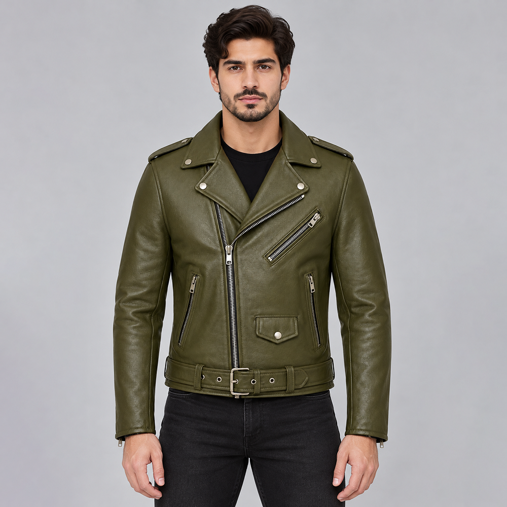 Men’s Olive Green Leather Biker Jacket | POOHLA SPORTS