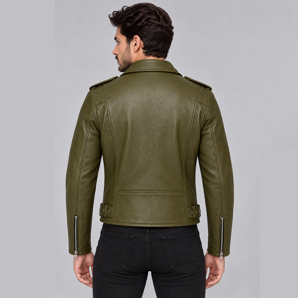 Men’s Olive Green Leather Biker Jacket | POOHLA SPORTS - Image 2