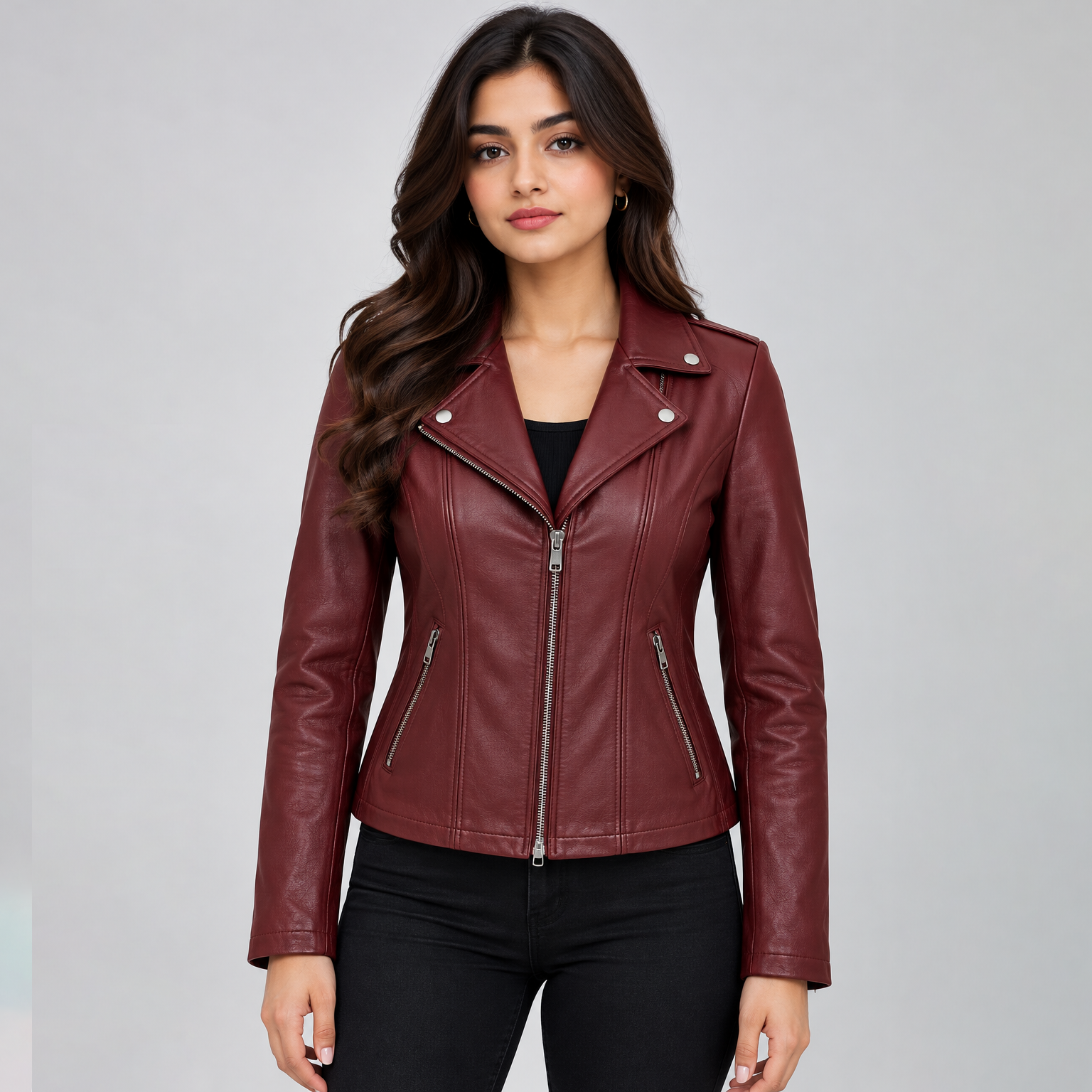 Women's Burgundy Leather Biker Jacket | POOHLA SPORTS