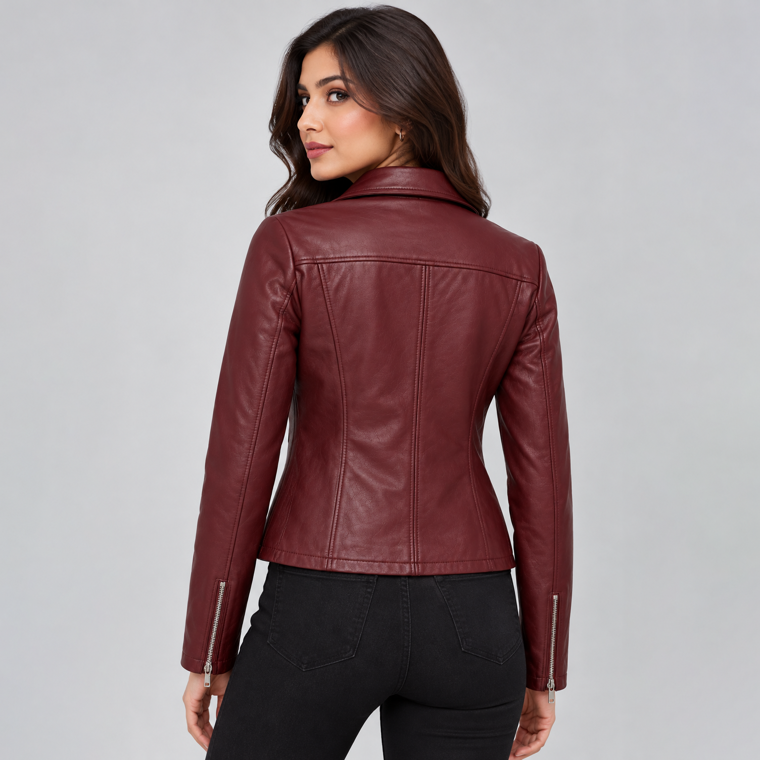 Women's Burgundy Leather Biker Jacket | POOHLA SPORTS - Image 2