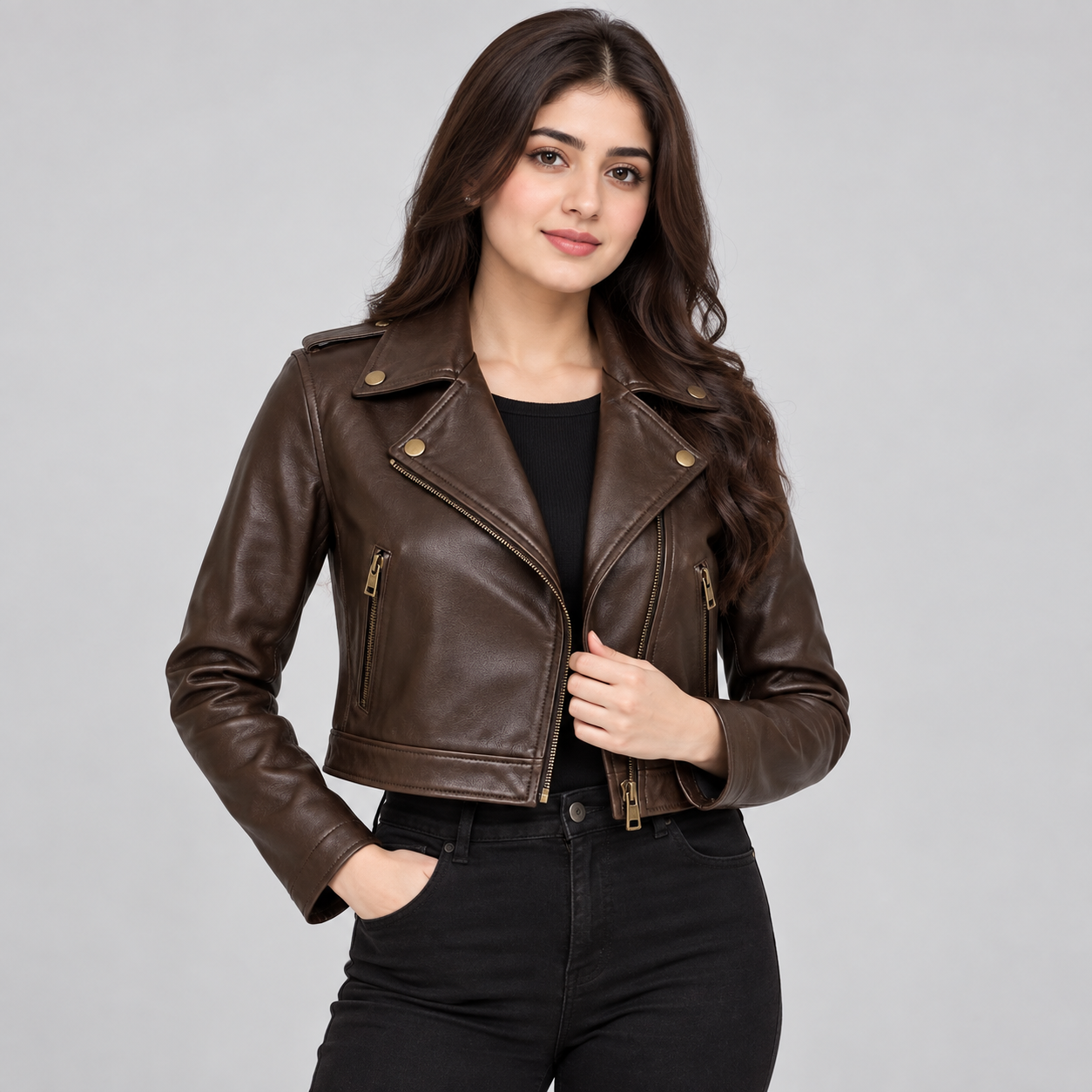 Women's Brown Leather Biker Jacket | POOHLA SPORTS
