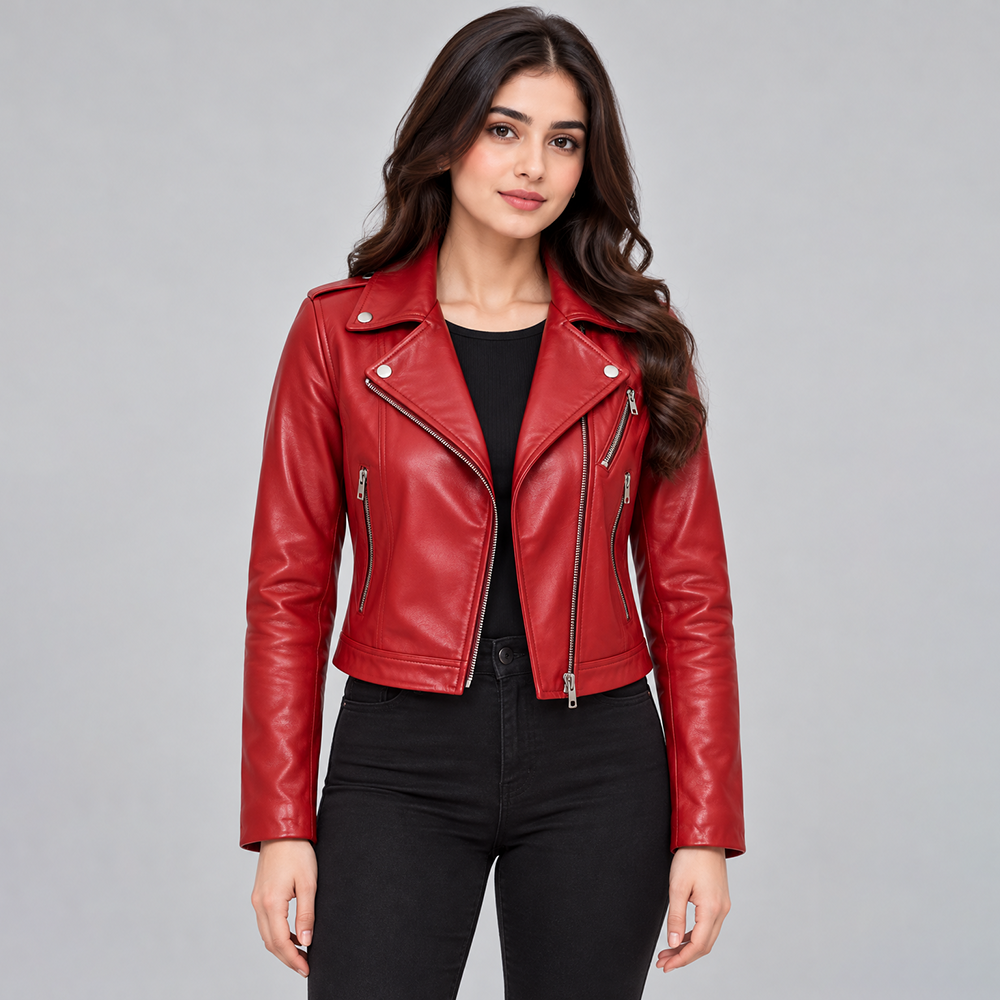 Women's Red Leather Biker Jacket | POOHLA SPORTS