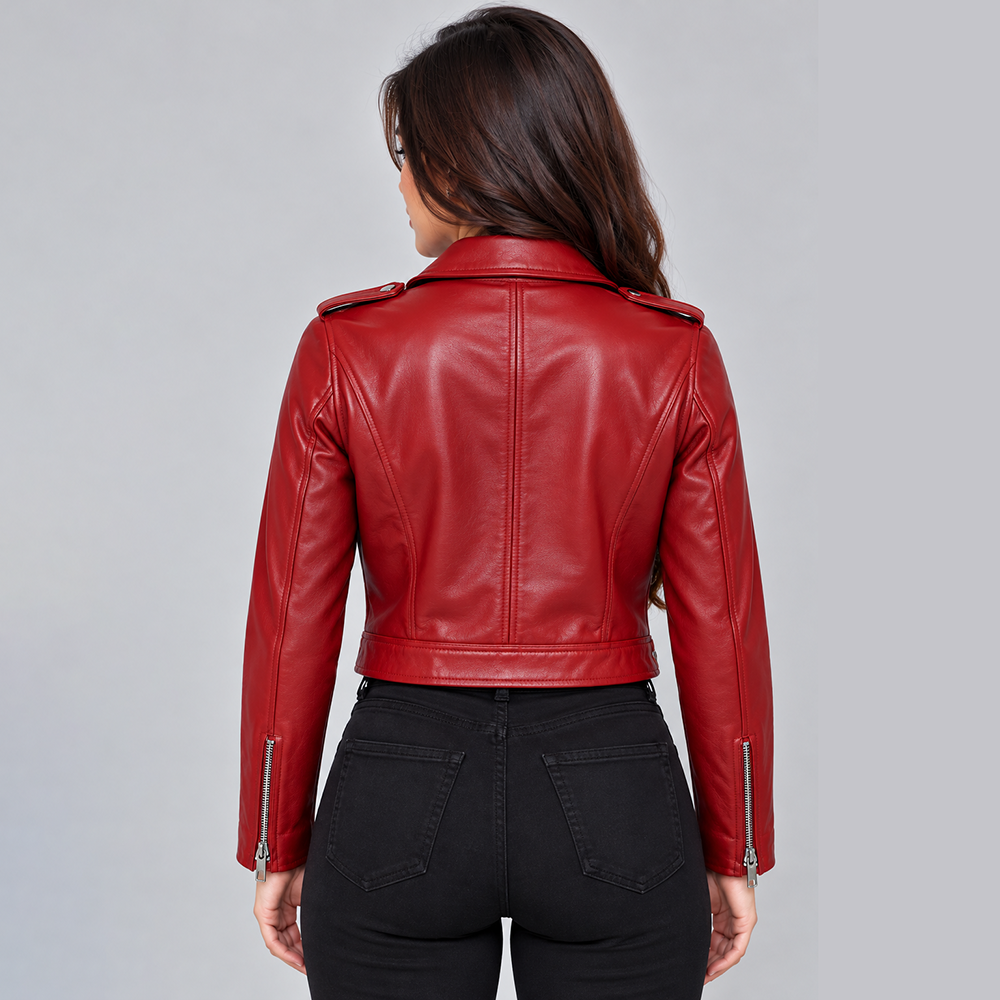 Women's Red Leather Biker Jacket | POOHLA SPORTS - Image 2