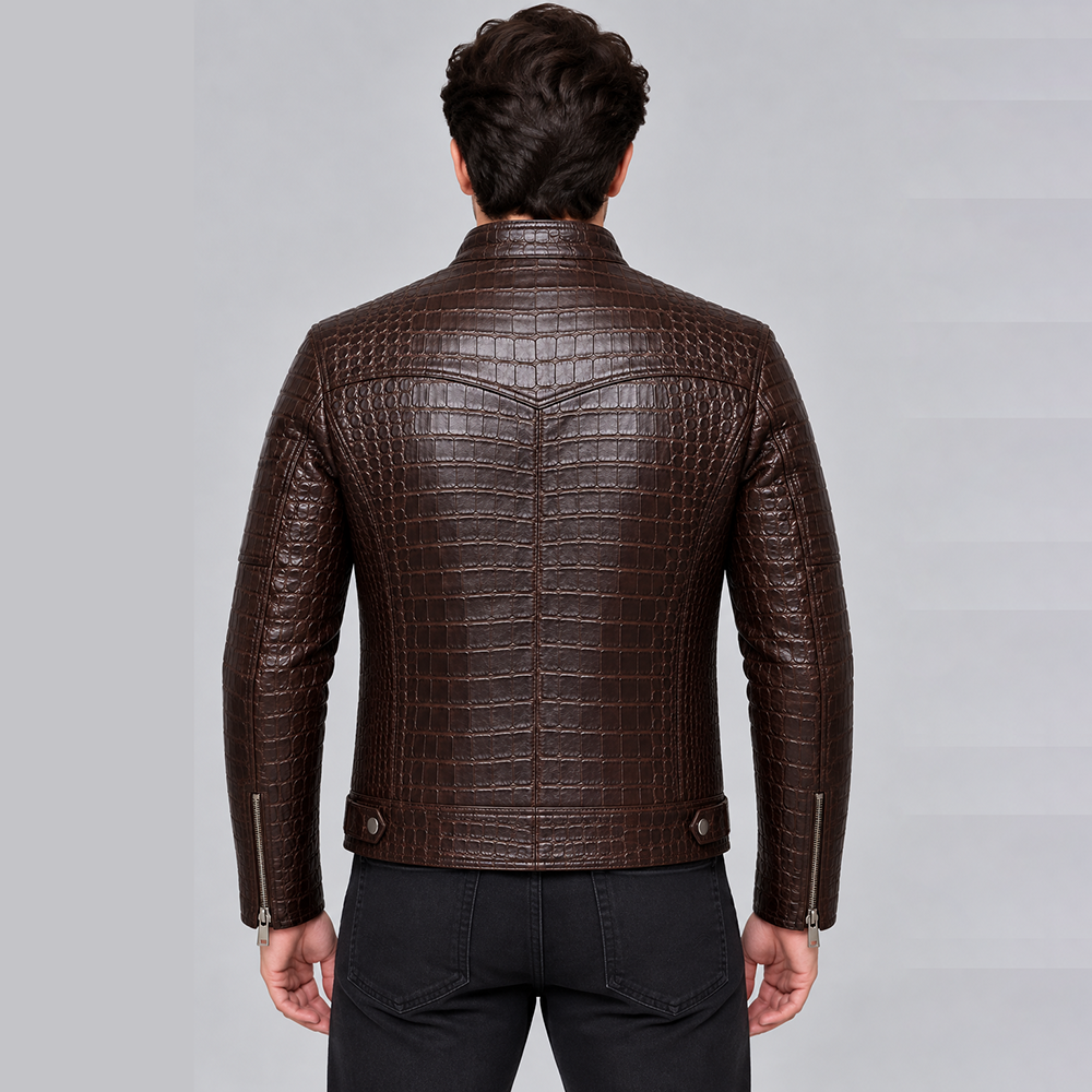 Men’s Brown Crocodile Embossed Leather Jacket | POOHLA SPORTS - Image 2
