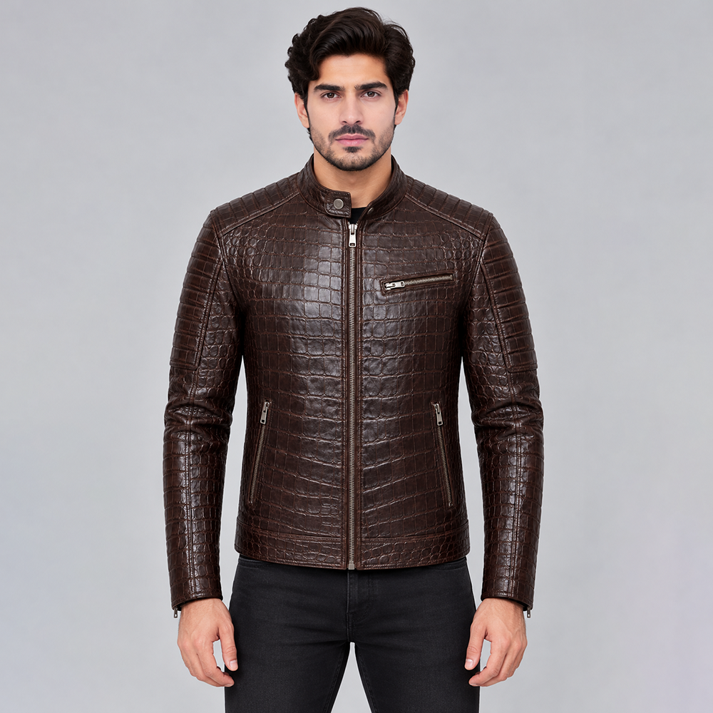 Men’s Brown Crocodile Embossed Leather Jacket | POOHLA SPORTS