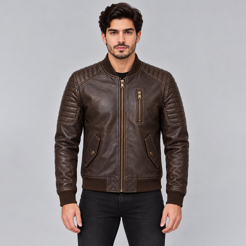 Men’s Brown Leather Bomber Jacket | POOHLA SPORTS