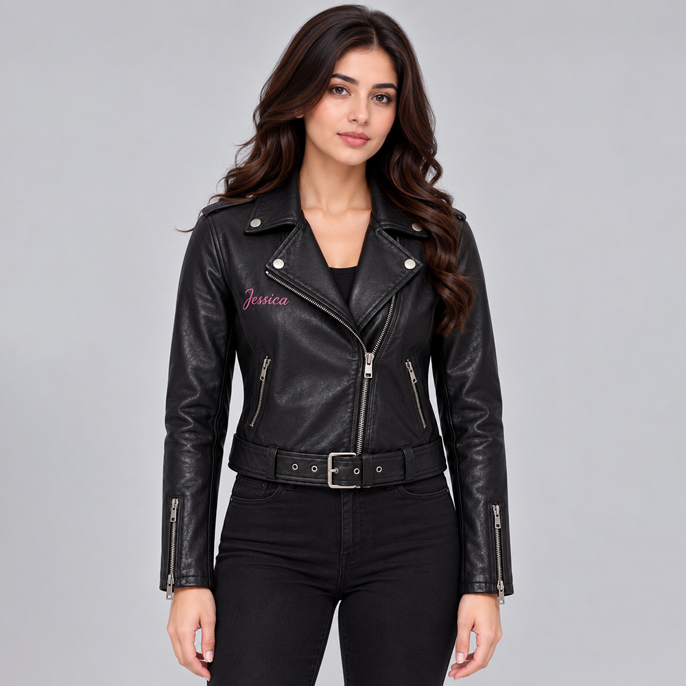 Women's Black Leather Biker Jacket with Belt | POOHLA SPORTS
