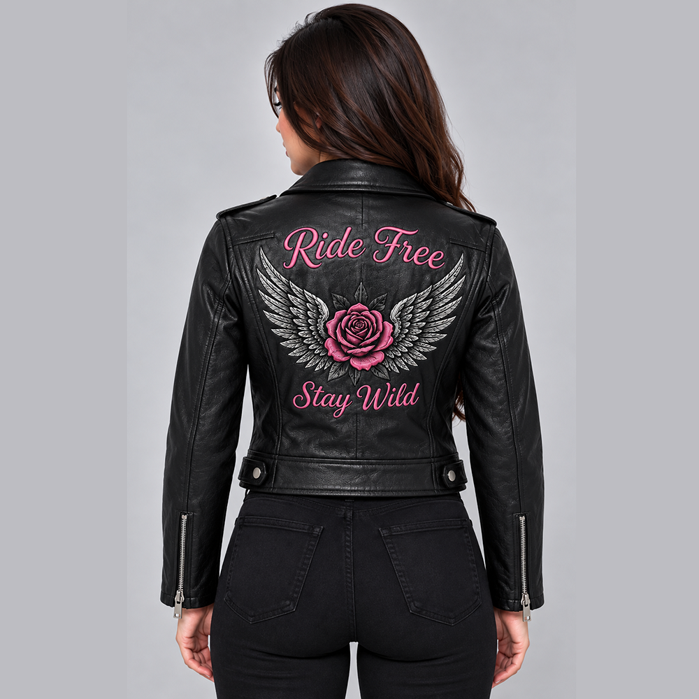 Women's Black Leather Biker Jacket with Belt | POOHLA SPORTS - Image 2