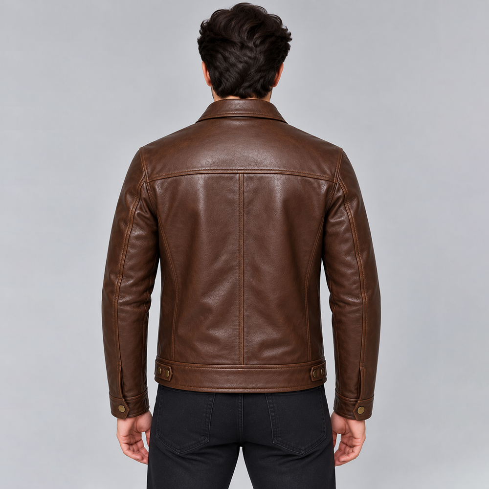 Men’s Brown Leather Jacket with Zipper Pockets | POOHLA SPORTS - Image 2