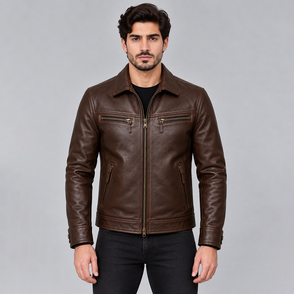 Men’s Brown Leather Jacket with Zipper Pockets | POOHLA SPORTS
